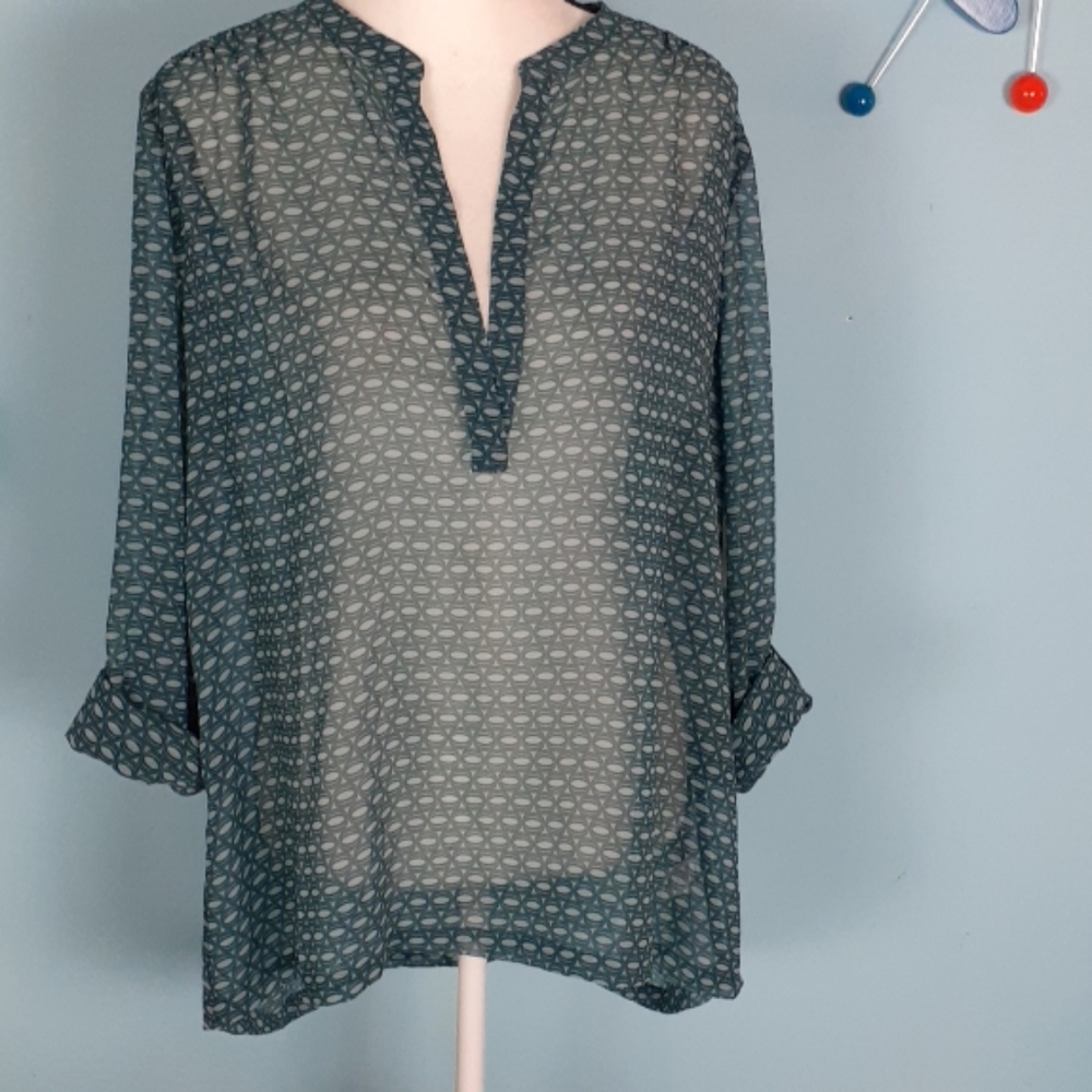 Caslon nwt teal blouse XL tab long sleeves sheer